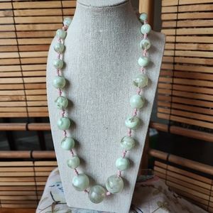 Mint Green Lucite Plastic Swirl Beads Bauble Necklace With Pink Satin Ribbon EUC